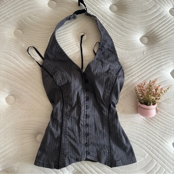 Vintage Tripp NYC Charcoal Button-Up Halter Top - Picture 2 of 4